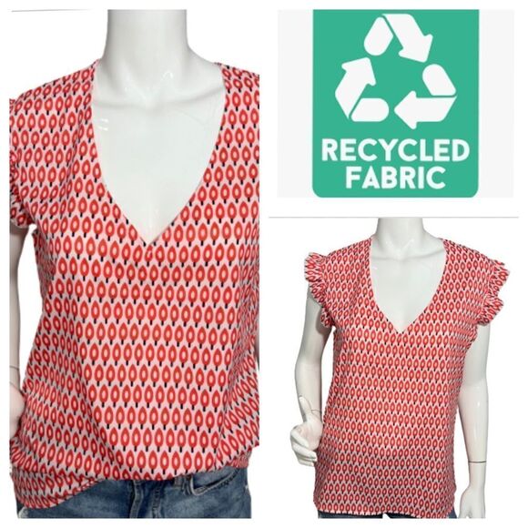 NWT Recycled Orange Graphic Print V-Neck Ruffle Sleeve Top -- L - Picture 2 of 12